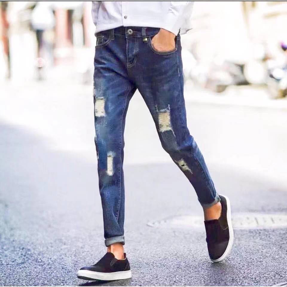 9853 Navy Blue Men S Knee Ripped Jeans Skinny Stretchable Shopee Philippines