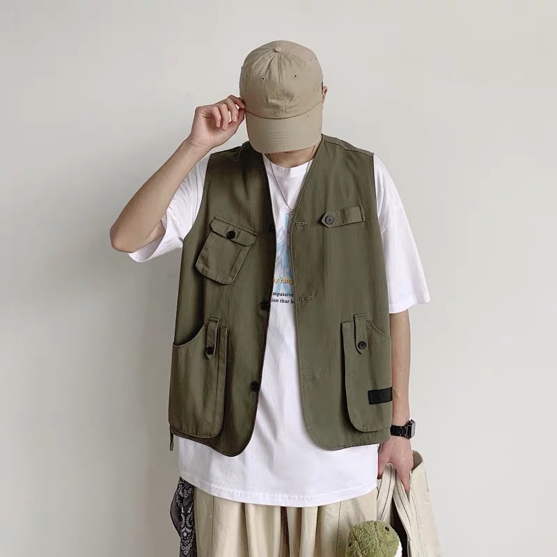 Japanese Multi-pocket Tooling Vest for Men Harajuku Style Solid Color ...
