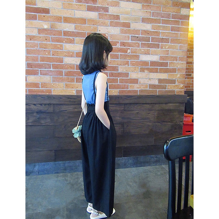 2022 New Style Summer Girls Sleeveless Top+High Waist Ice Silk Wide-Leg Pants Suit Children Printed Fashion Vest Suspenders Jumpsuit Suitable For 3-5-8-10-12-13 Years Old Wear Clothes