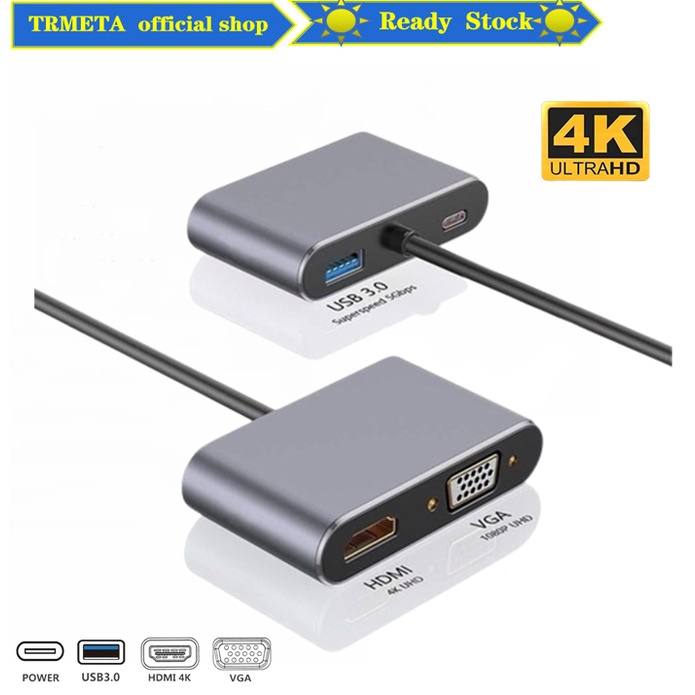 TRMETA 4 In 1 USB Type C To HDMI 4K VGA USB 3.0 Hub PD Adapter Audio