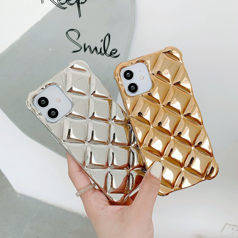 Plating Gold Lattice Soft Phone Case For iPhone 13 12 11 Pro Xs Max Mini SE X XR 7 8 Plus Luxury Design Kawaii Metal Ring Holder Stand Cover