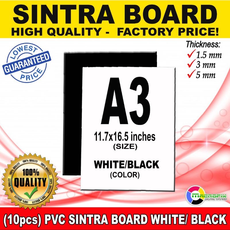 (10pcs)PVC WHITE /BLACK SINTRA BOARD / A3 Size (11.69x16.5 inches)/ Thickness 1.5mm, 3mm, 5mm