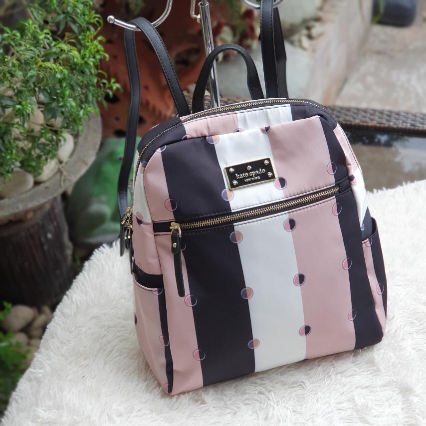 kate spade black and white striped backpack