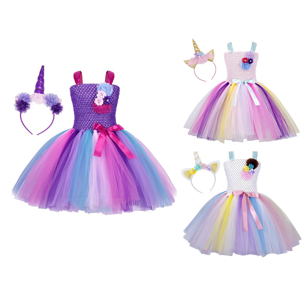 Pretty Princess Girls Unicorn Costume Dress Up Outfit Party Fancy Dress Princess Flowers Tutu Skirt