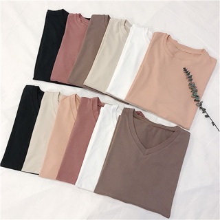 Women’s loose solid Earth colors plain short sleeve round neck vneck t-shirt tee blouse shirt cotton