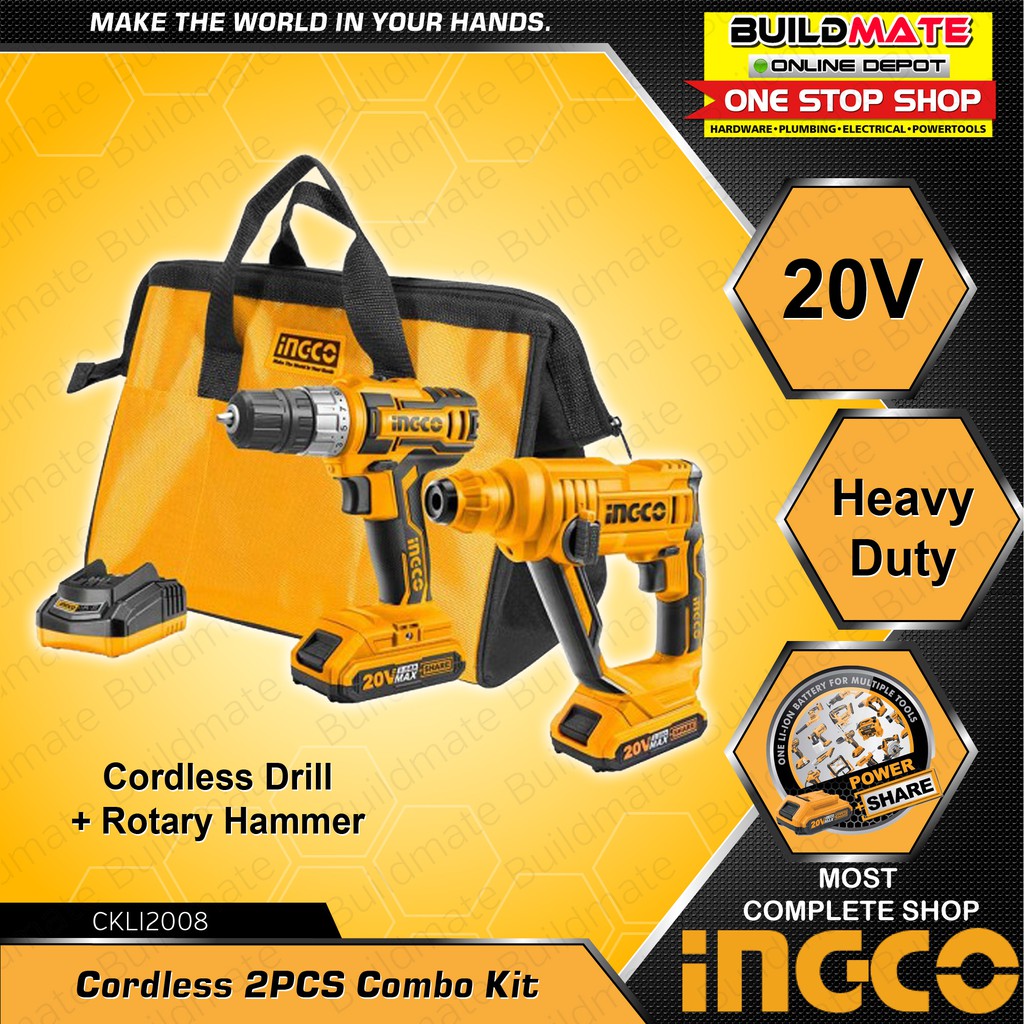 INGCO Cordless 2PCS COMBO KIT Drill + Rotary Hammer CKLI2008 •BUILDMATE