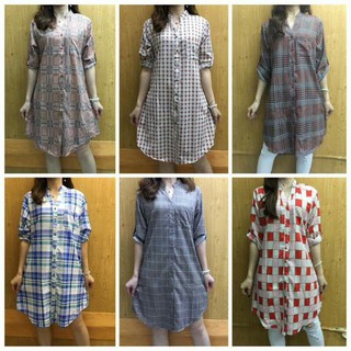 Freesize Checkered Silk Chiffon 3/4 Polo Dress Best Seller