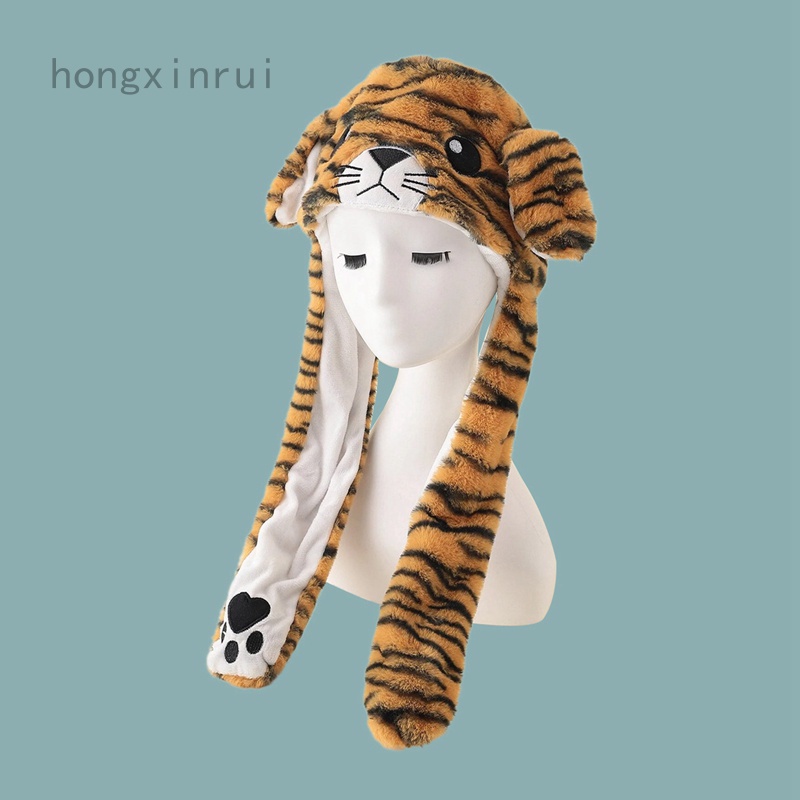 Fuzzy Caps Tiger Head-Shaped with Moving Ears Pinching Paws Caps Semi-Covering Warm Plush Animal Ear