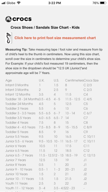 crocs literide size chart