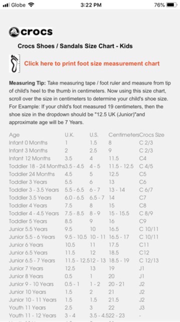 size chart crocs kid