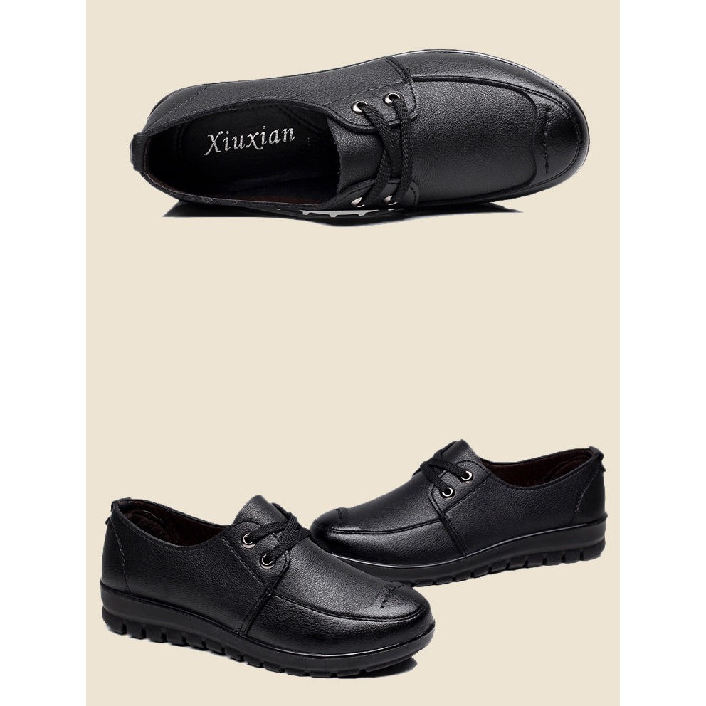 womens black leather flat work shoes