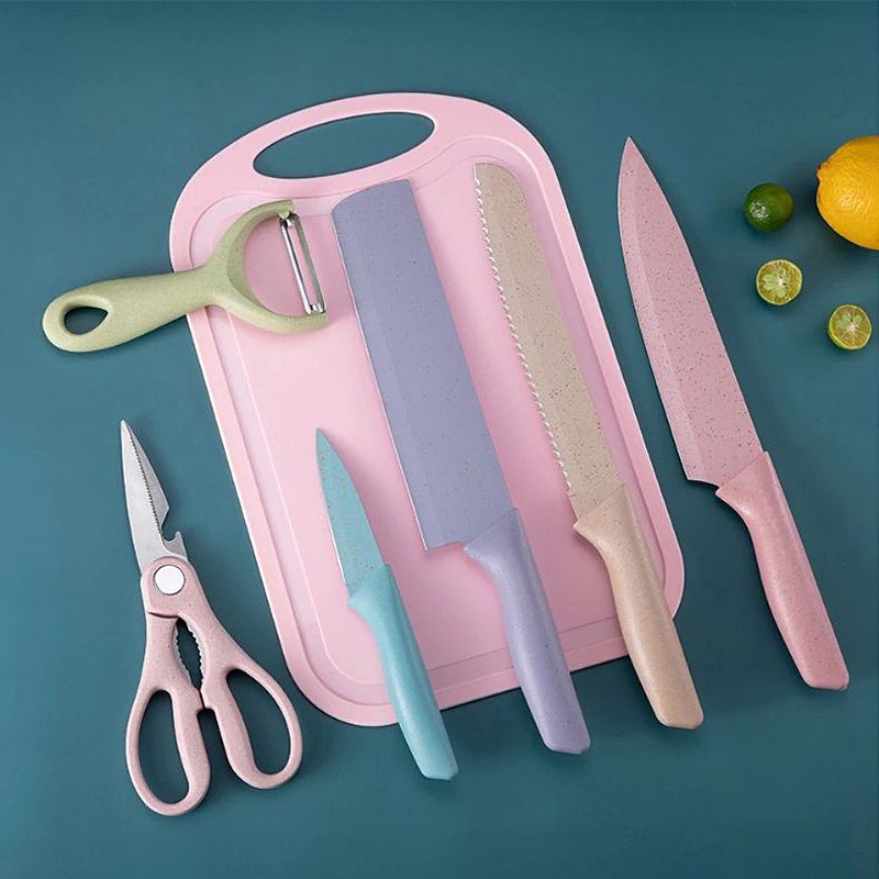 Knife Set 6 PCS Pastel Colors Stainless Steel Chef Knife Bread Knife Cleaver Scissors Shopee