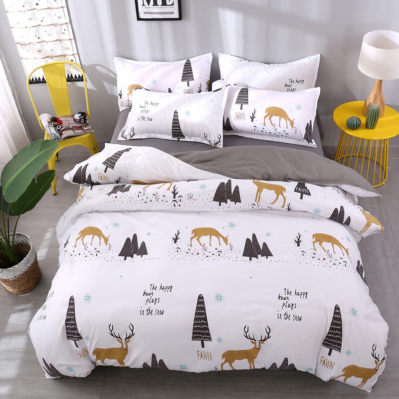 White Bedding Set Deers And Trees Duvet Cover Grey Flat Sheet