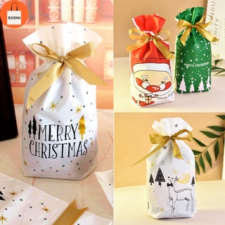 10 pcs Merry Christmas White Golden  Gift Bags Plastic Cookies Candy Packaging 