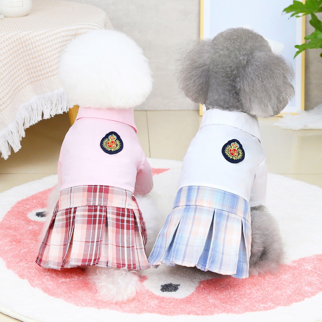 Dog Dress Student Outfits for Small Dogs Girls Summer Shirts with Plaid Skirt One Piece Apparel for Cats Puppies Chihuahua Female Clothes #8