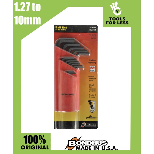 15 pc. Bondhus Ball Point Long Arm Hex Key Allen Wrench Set in Plastic Caddy 1.27 to 10mm 10995