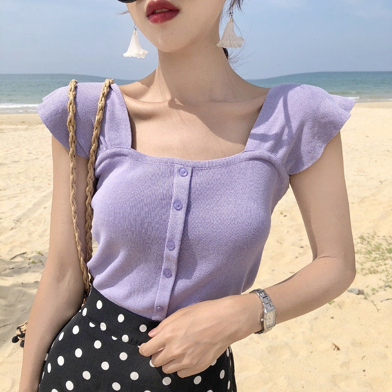 Korean summer square neck crop top tank women purple cotton knitted