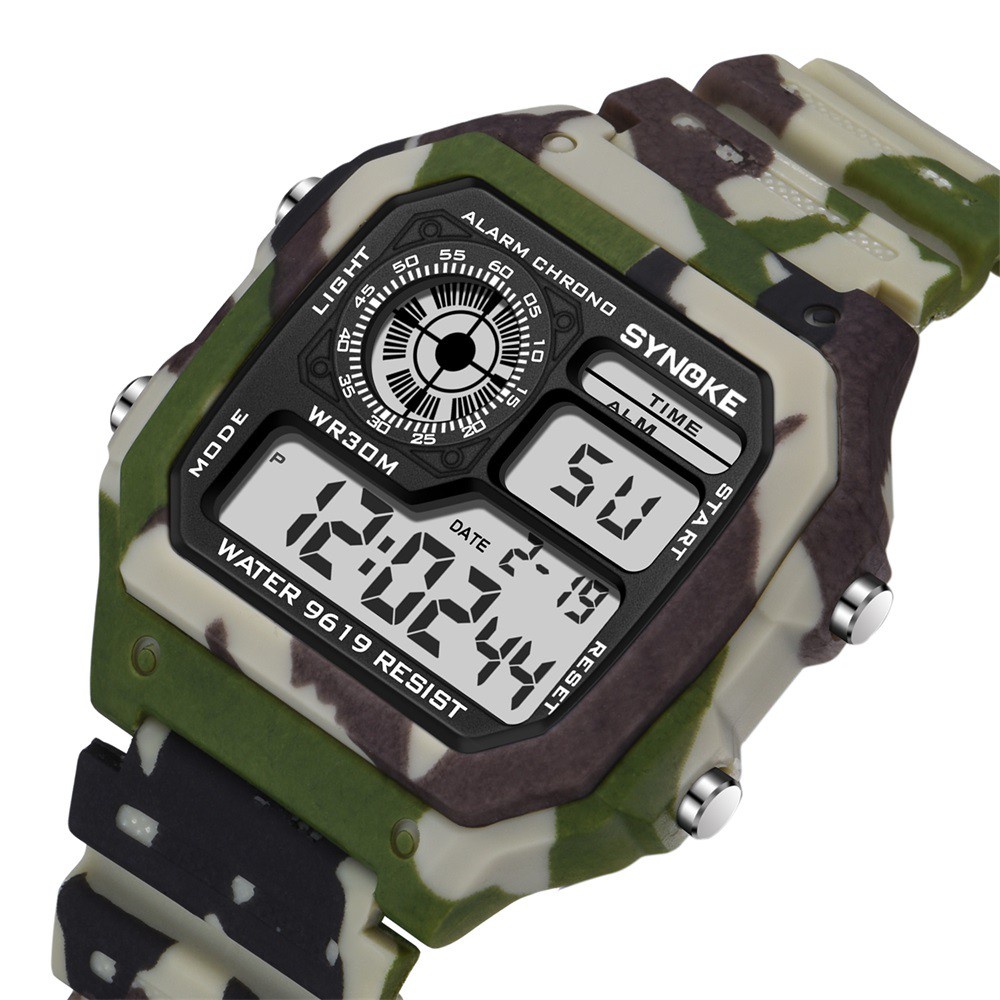 Synoke Digital Watch Camouflage Style G Shock Multifunctional Waterproof 30m for Man and Women Students 9619
