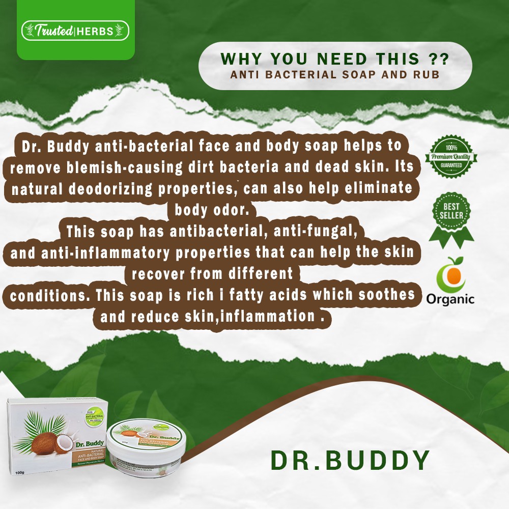 Set A of Dr.Buddy Anti-Bacterial | 1Soap + 1 Rub | Coconut Soap | 100g | Acne | Skin Problem |