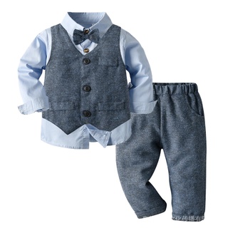 Kids baby boy outfit formal set 1-7y light blue waistcoat shirts pants boys suits infant birthday clothes party costume #1