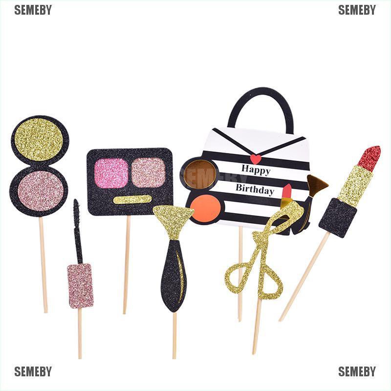 SEMEBY 1 Set Lipsticks & Eyeshadow Box Cake Toppers Party Cupcake Flag Cake Decorations