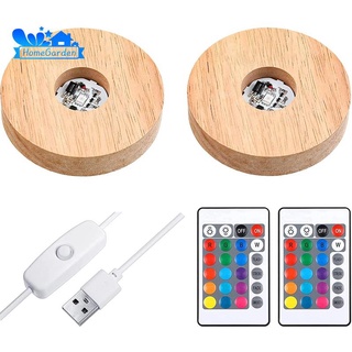 2 Pcs LED Lights Display Base Colored Round Wooden Lighted Base Stand with Remote Control for Crysta