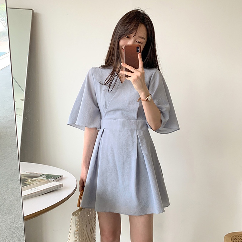 V Collar Cotton Dress Thin Section French V Neck Collar Dress Office