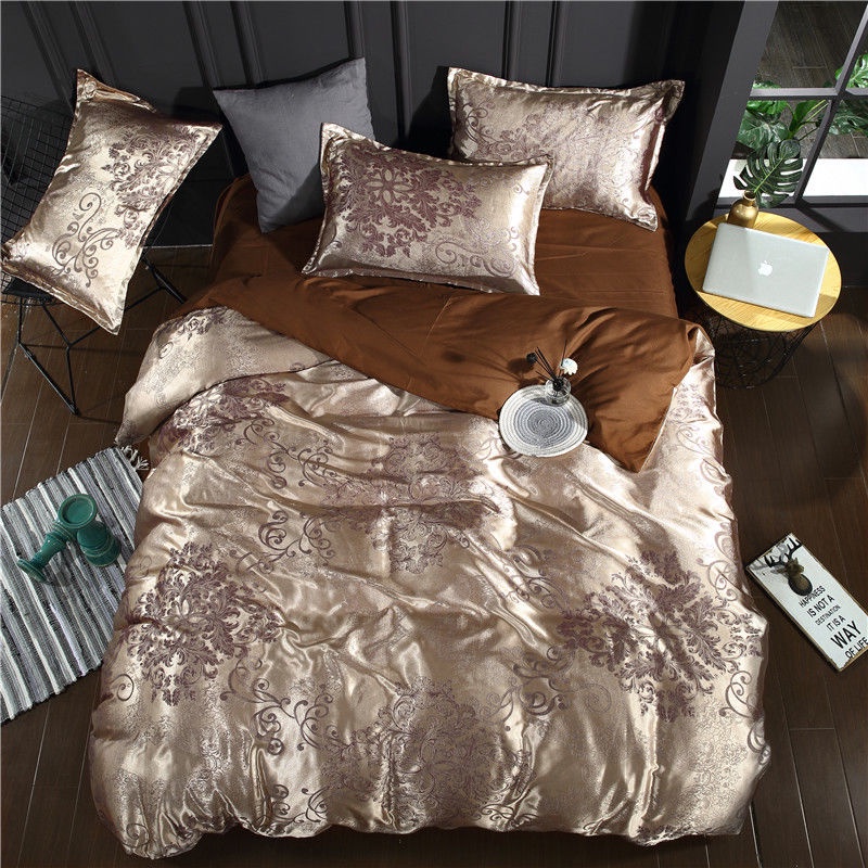 European 4in1 Bedding Set Luxury Lace Satin Jacquard Bedsheet Set Quilt