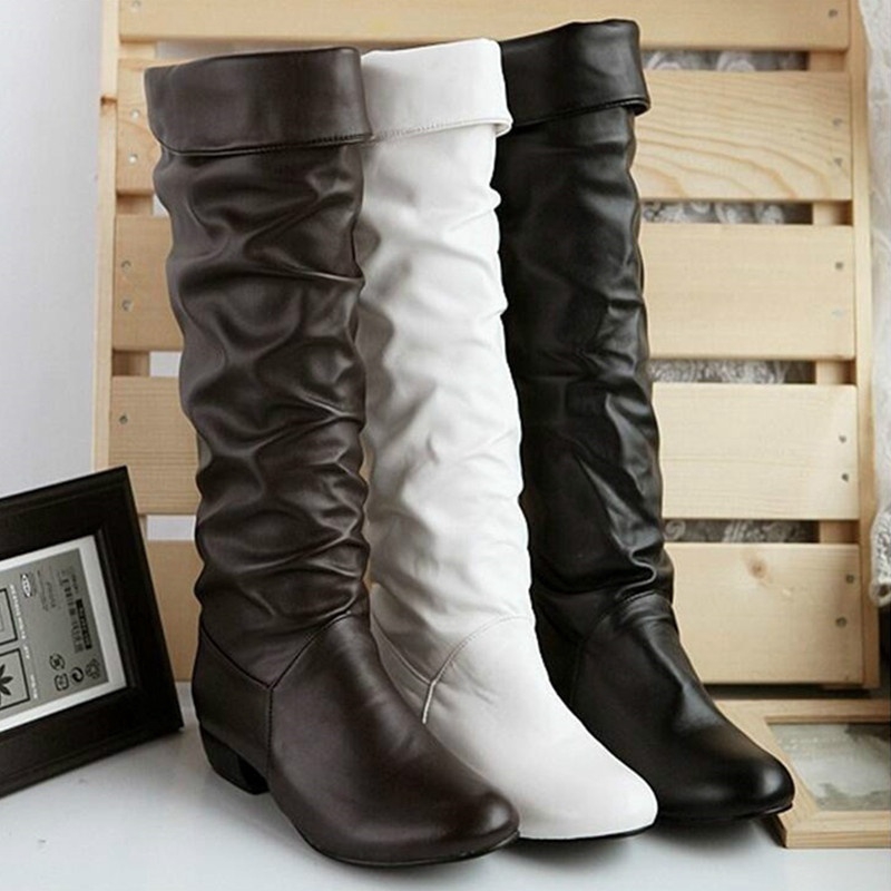 Fashion Women Knee High Boots Vintage PU Leather Winter Boot (Black ...