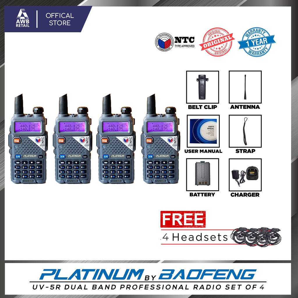 PLATINUM by BAOFENG UV5R Dual Band Professional Twoway Radio Set of 4
