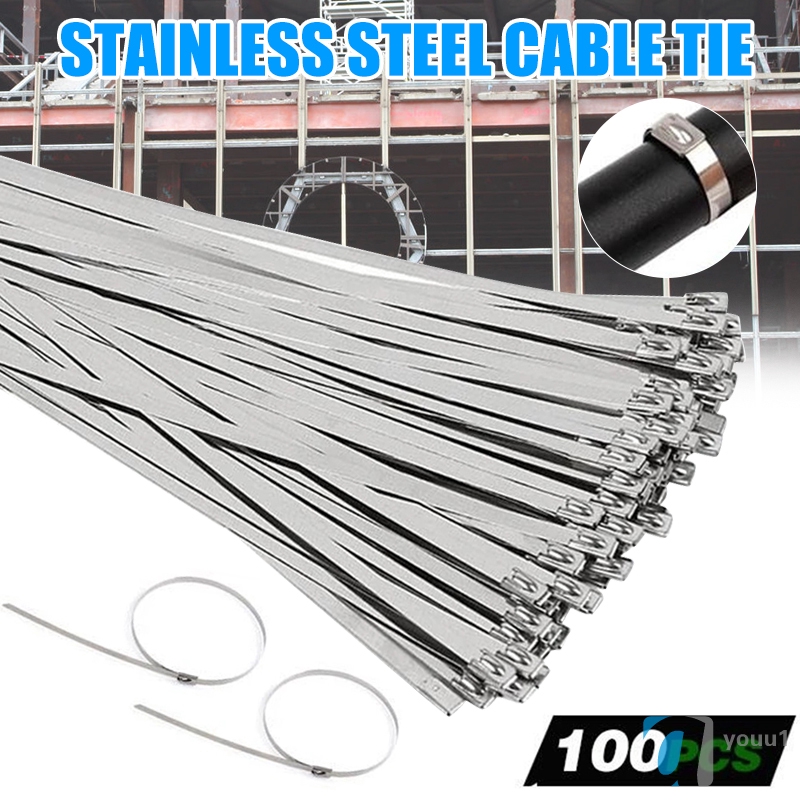 100PCS MultiPurpose Locking Cable Metal Zip Ties Stainless Steel Self