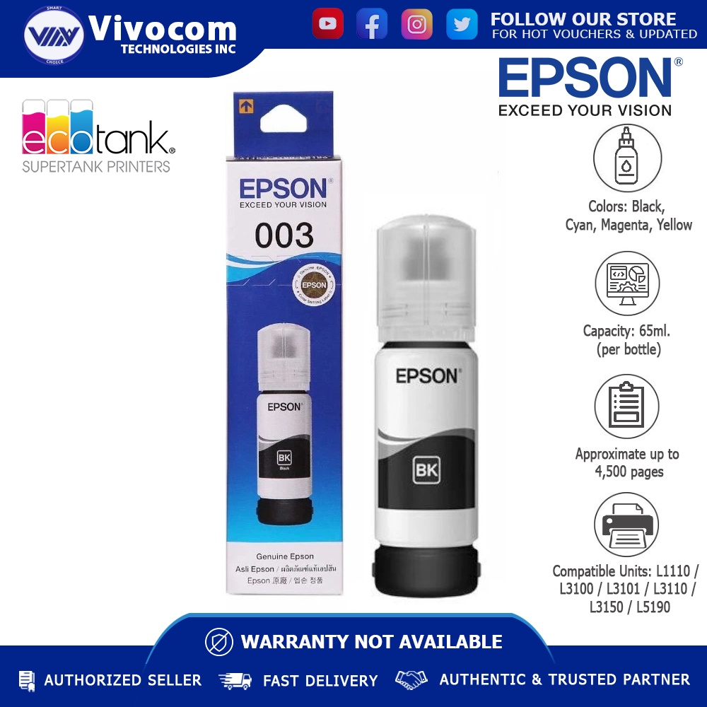 Epson 003 Original Ink Bottle C13T00V for Epson L3110 / L3150 (Black ...