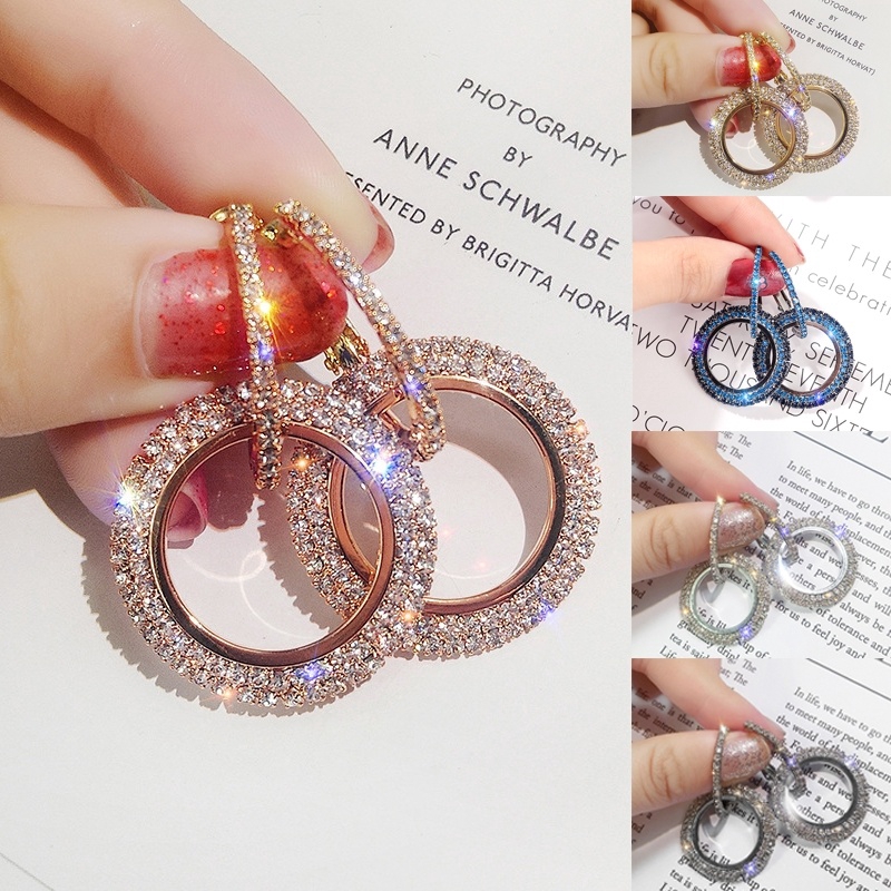 Women Luxury Rhinestone Glitter Round Diamond Stud Earrings