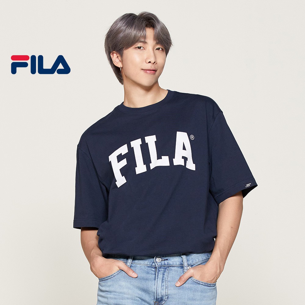 Bts Fila Logo Unisex Cotton T Shirt Navy Shopee Philippines