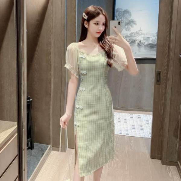 sage green dress plus size dress puff sleeve dress summer midi dress