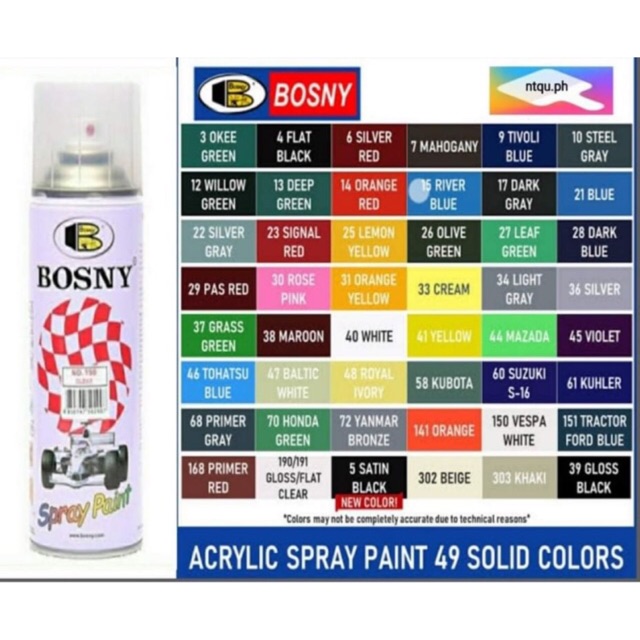 Bosny Spray Paint 100 Acrylic Automotive Finishes Assorted Color