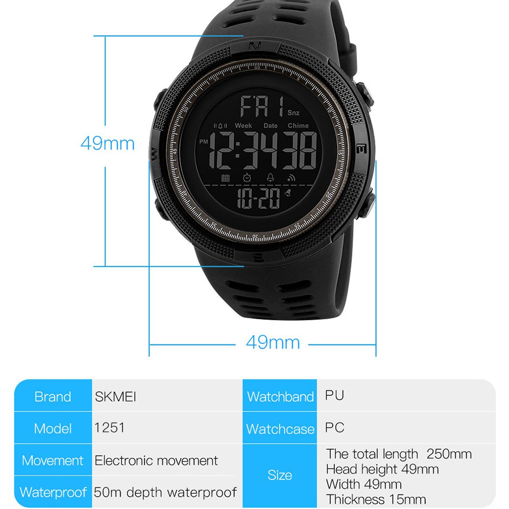 SKMEI  Official 1251 50m Waterproof Men's Digital Sports Watch Multi-function EL Light Alarm clock relo watches