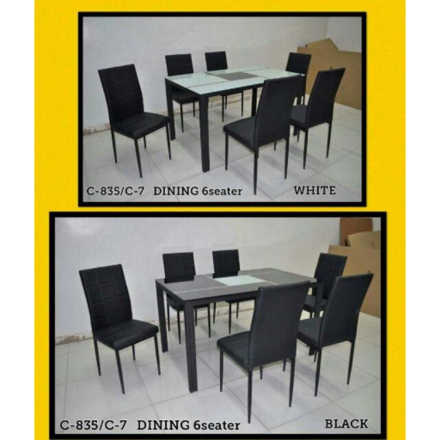 Britoniture Glass Dining Table with Black Tempered Glass Top and V Stainless Steel Stand for 6 Seater 