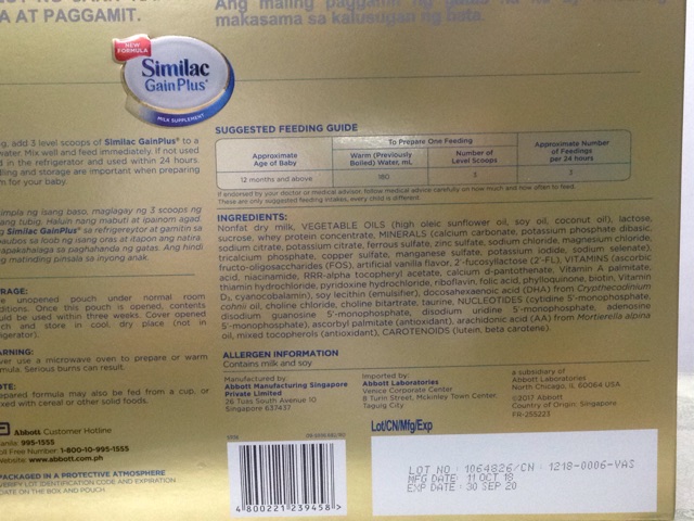 similac gain plus nutrition facts