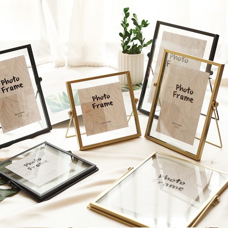 Gold Metal and Glass Photo Frame Folding Wire Desktop Picture Brass