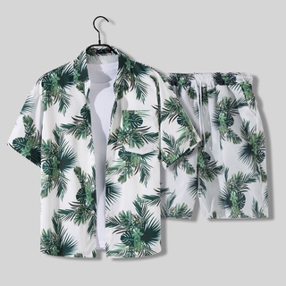 【Suit】Hawaiian Beach Pants for Men Couple Travel Vacation Outfit Loose Casual Suit Short sleeve Flower Shirt Middle Pants Polo Shirt