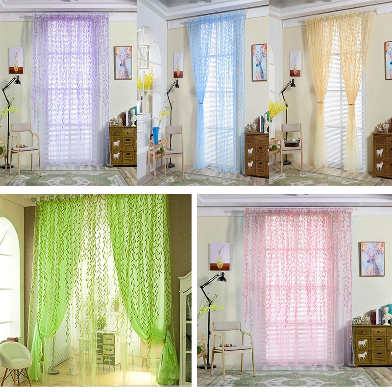 COD 100*200cm Ultra Light Tulle Curtain Willow Leaves Lace Kurtina ...