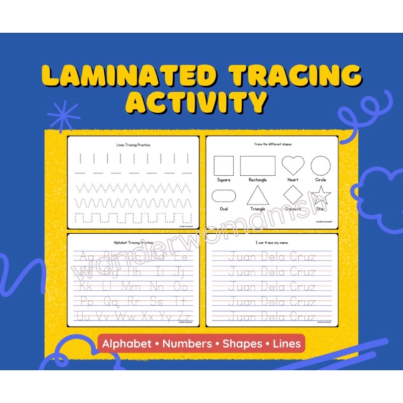 Laminated Tracing Activity Sheet Alphabet, Numbers, Shapes, Lines