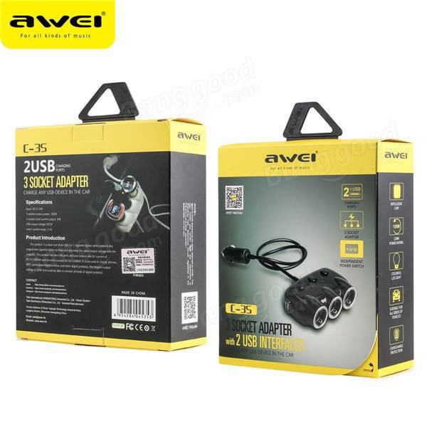 Awei C 35 Car Charger 3 Socket Adapter With 2 Usb Port Shopee