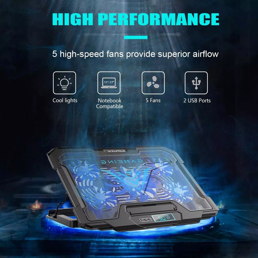 1117inch Laptop Cooler Pad 5 Quiet Led Fans Dual USB Powered Gaming