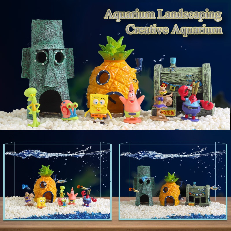 Mini SpongeBob Fish Tank Aquarium Accessories Pineapple House Squidward