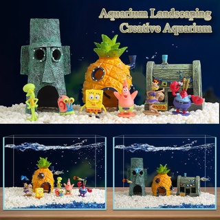 Mini SpongeBob Fish Tank Aquarium Accessories Pineapple House Squidward Easter Island Fish Tank Cart