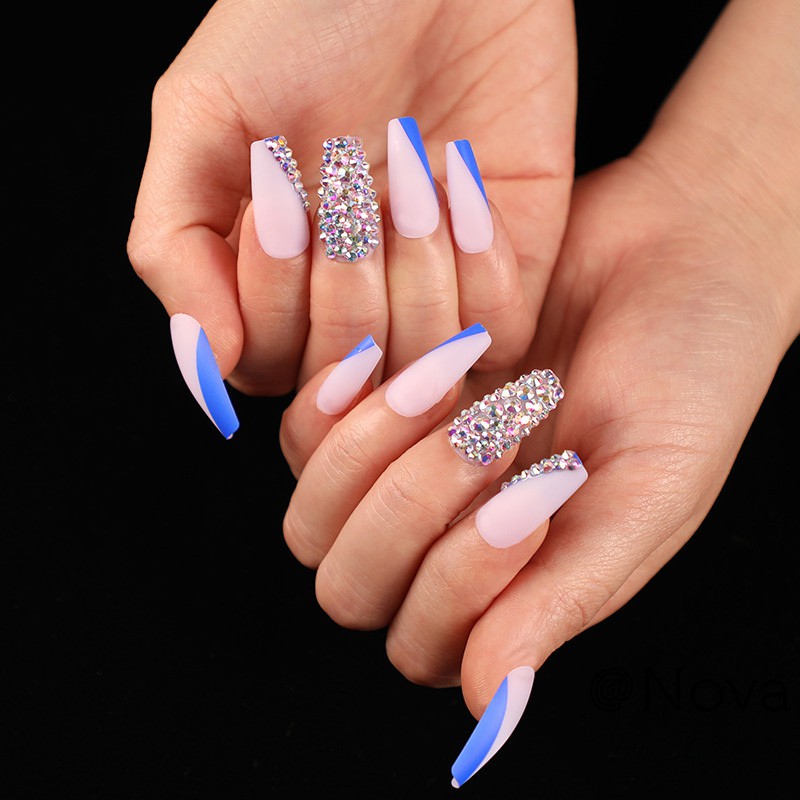 24pcs Ballet Blue French Manicure Handmade Rhinestone Diy Crystal Nail Tips With Glue Shopee Philippines