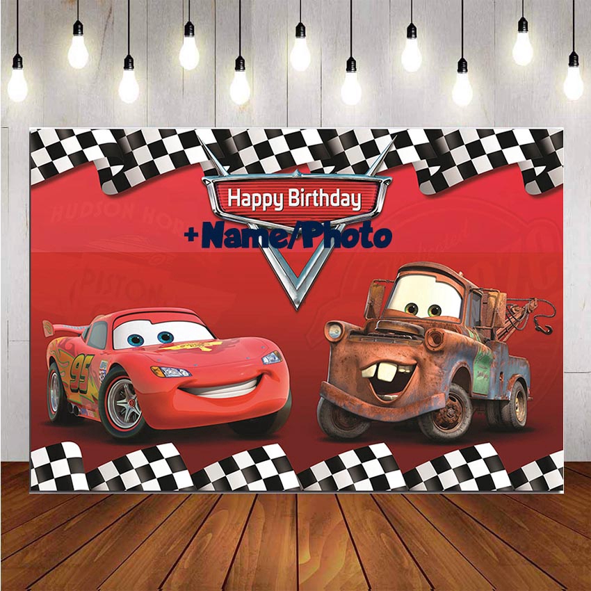 Cartoon Cars Birthday Backdrop Red Car Mobilization Racing Story Black White Grid Photography Backgrounds Children Boy Birthday Party Decor Banner Studio Booth Props 7x5ft 
