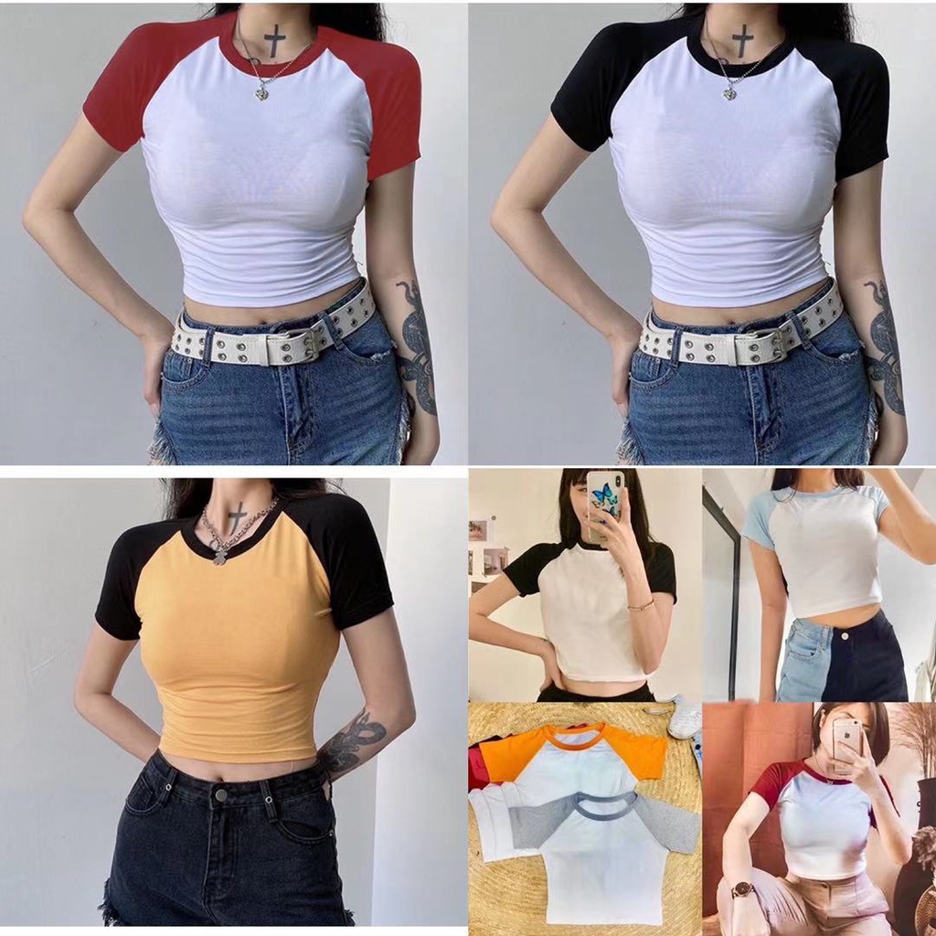 Angelcity Raglan Plain Shirt Two Tone Color Crop Top Tees Lan Shopee